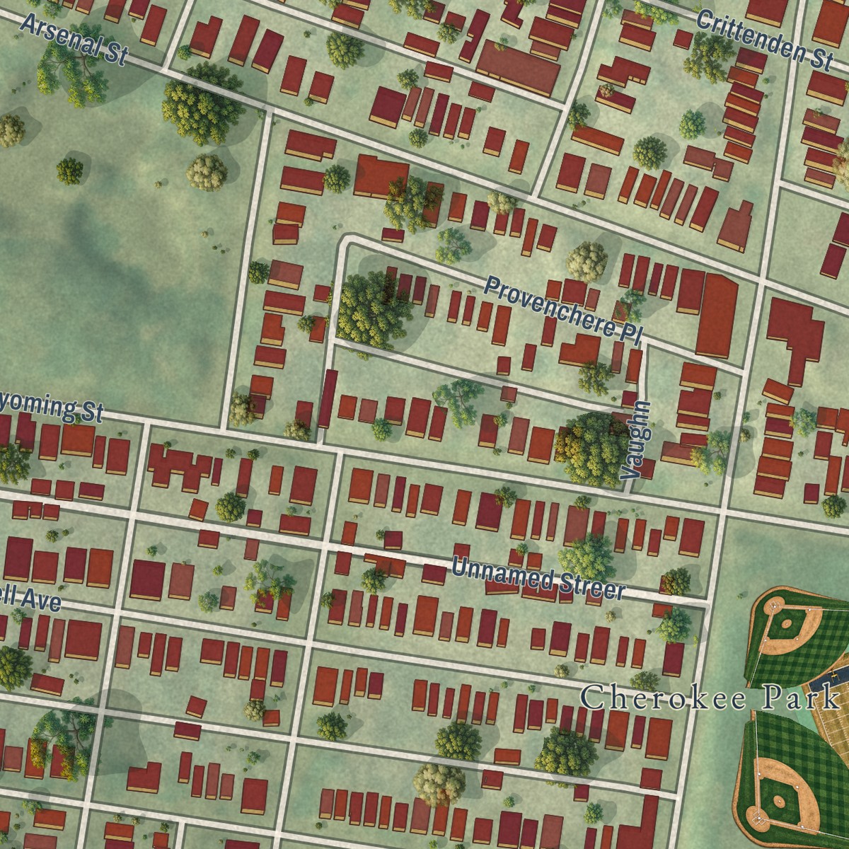 Second close-up of the map of Benton Park, Missouri print showing more streets and buildings