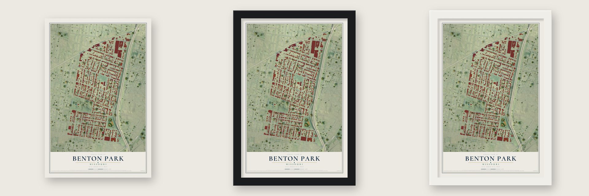 Benton Park, Missouri map unframed, in a black wood frame and in a white wood frame