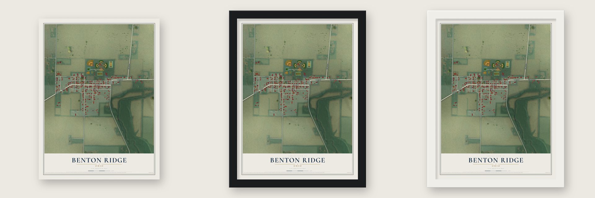 Benton Ridge, Ohio map unframed, in a black wood frame and in a white wood frame