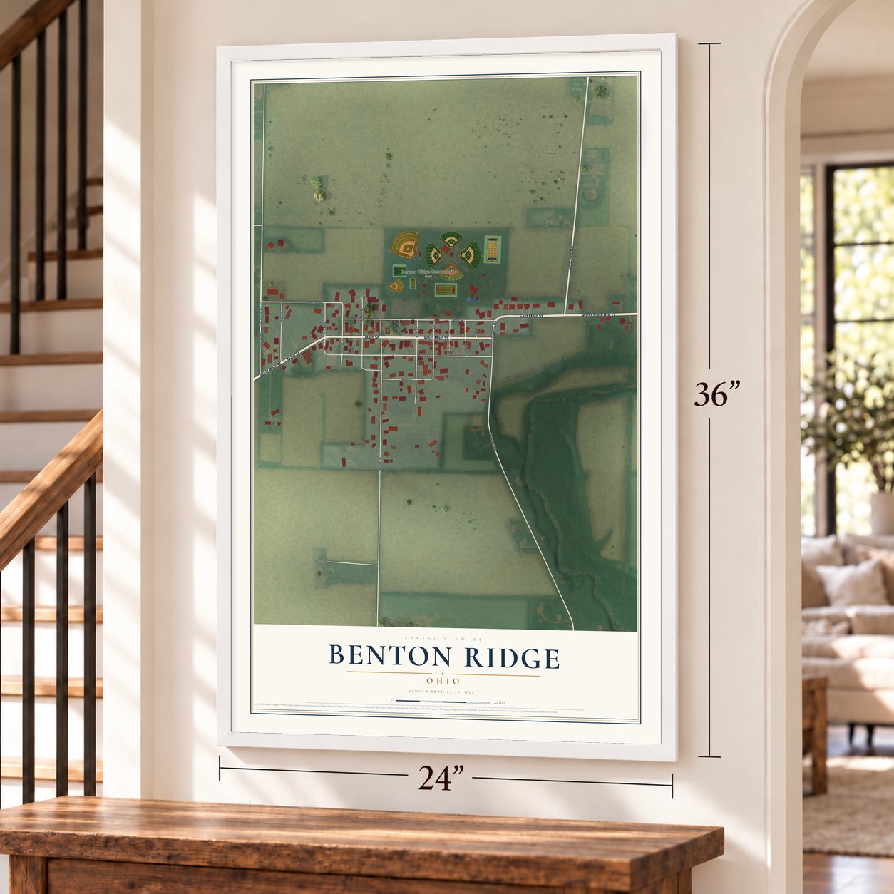 Benton Ridge, Ohio map, 24 x 36 inch print in a white frame by a staircase