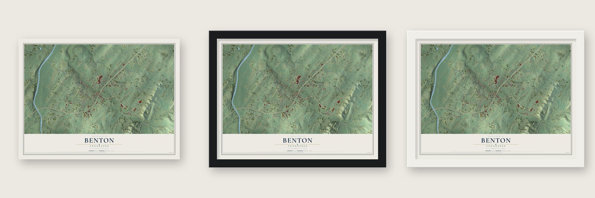 Benton, Tennessee map unframed, in a black wood frame and in a white wood frame