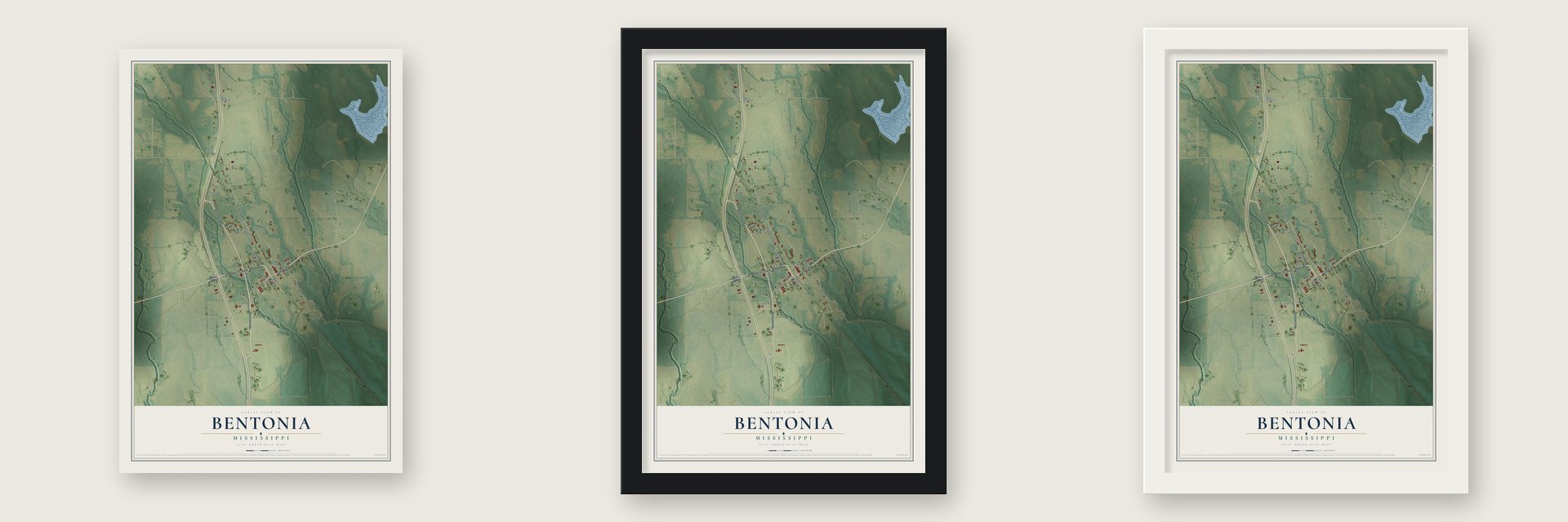 Bentonia, Mississippi map unframed, in a black wood frame and in a white wood frame