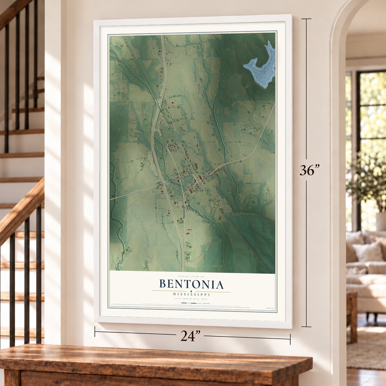 Bentonia, Mississippi map, 24 x 36 inch print in a white frame by a staircase