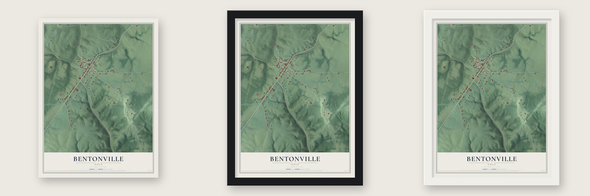Bentonville, Ohio map unframed, in a black wood frame and in a white wood frame