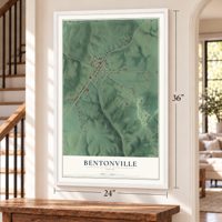 Bentonville, Ohio map, 24 x 36 inch print in a white frame by a staircase