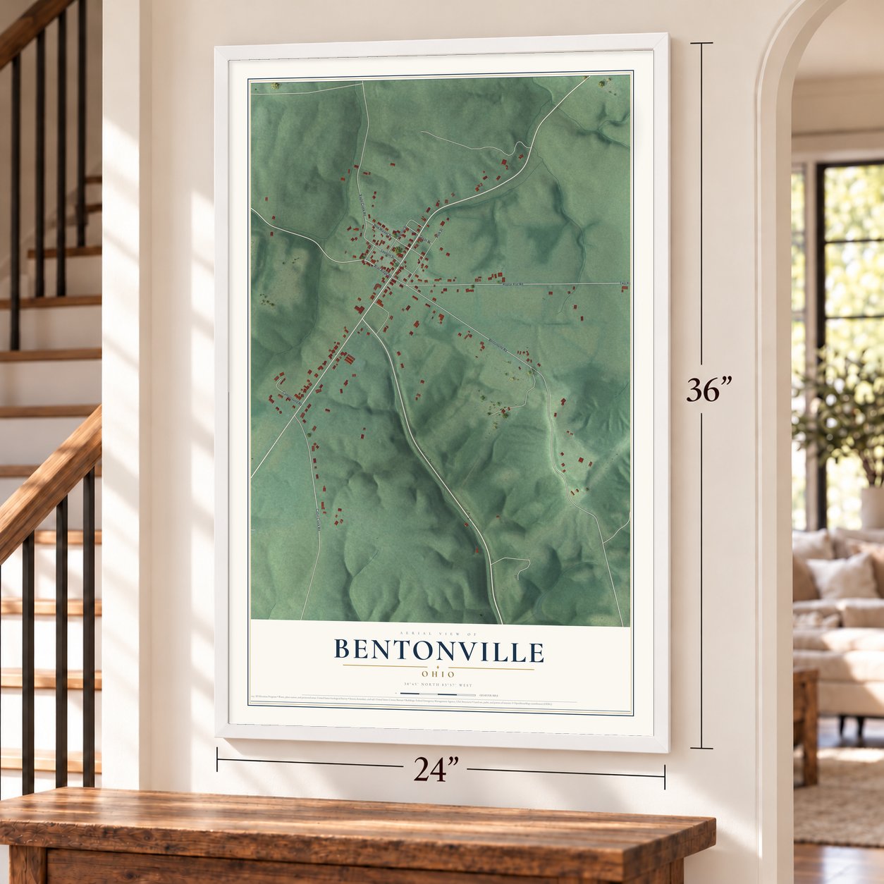 Bentonville, Ohio map, 24 x 36 inch print in a white frame by a staircase