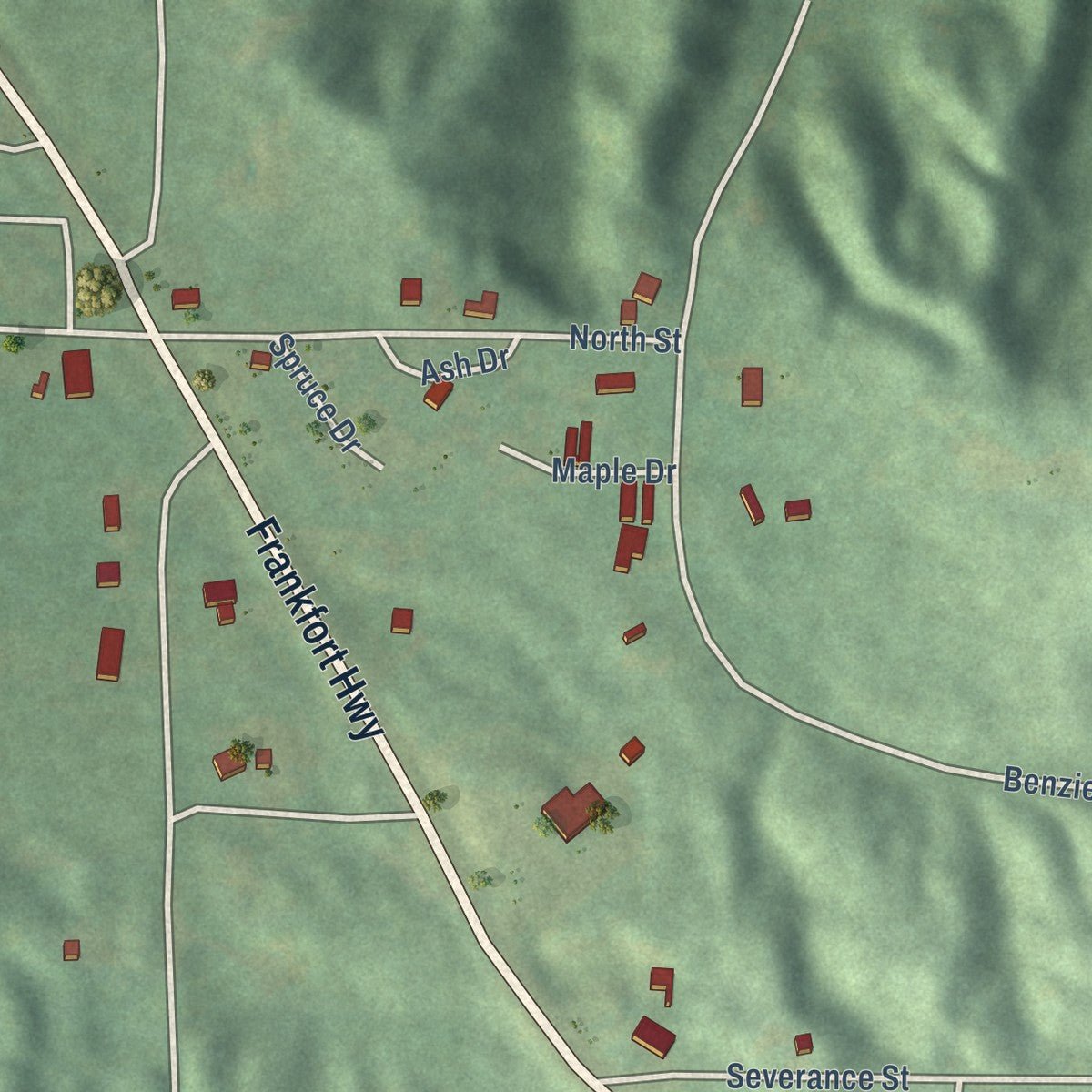 Second close-up of the map of Benzonia, Michigan print showing more streets and buildings