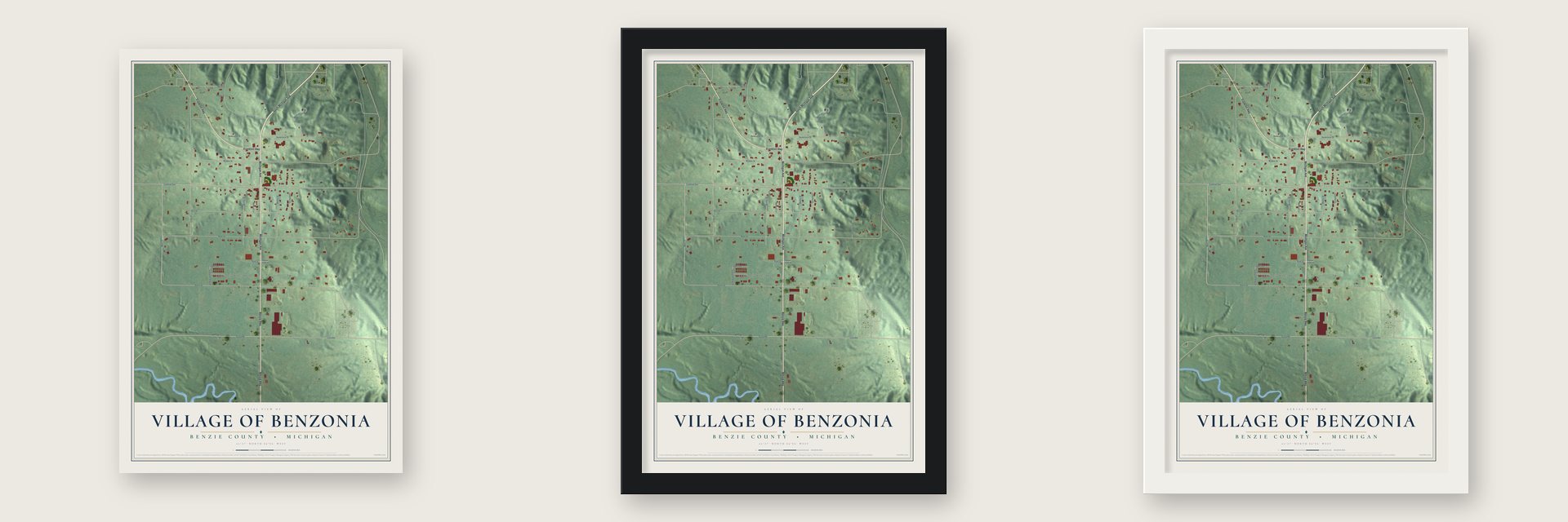 Benzonia, Michigan map unframed, in a black wood frame and in a white wood frame