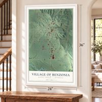 Benzonia, Michigan map, 24 x 36 inch print in a white frame by a staircase
