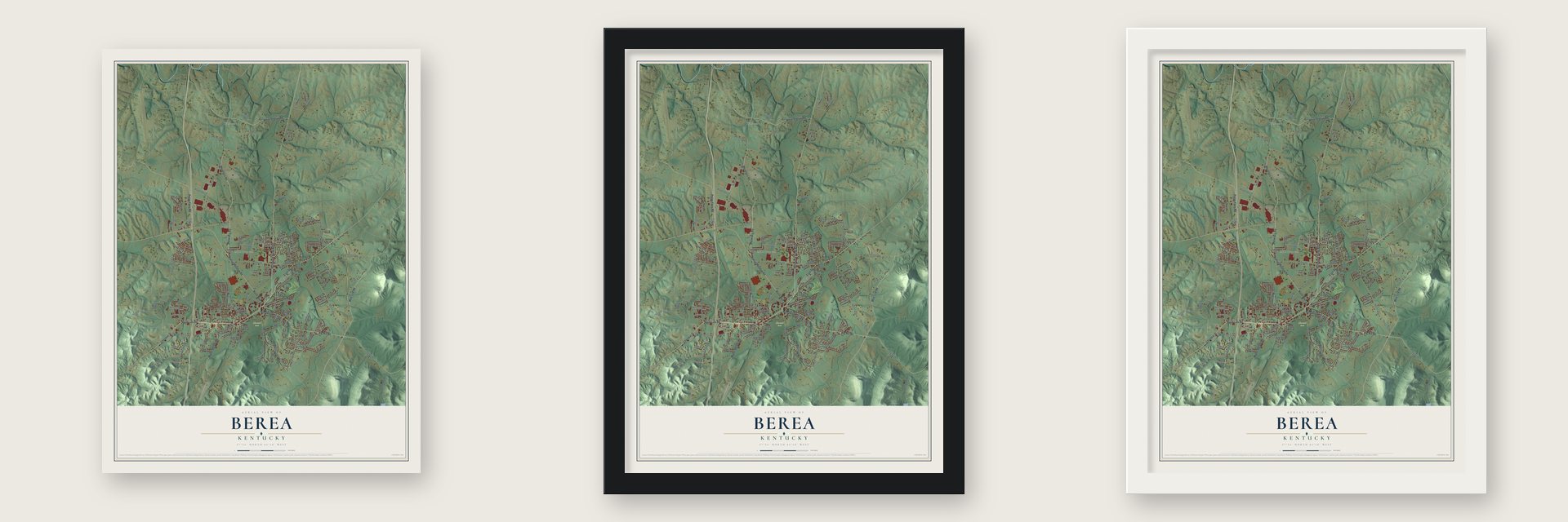 Berea, Kentucky map unframed, in a black wood frame and in a white wood frame