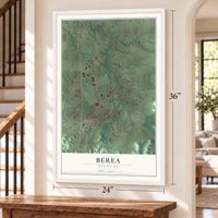 Berea, Kentucky map, 24 x 36 inch print in a white frame by a staircase