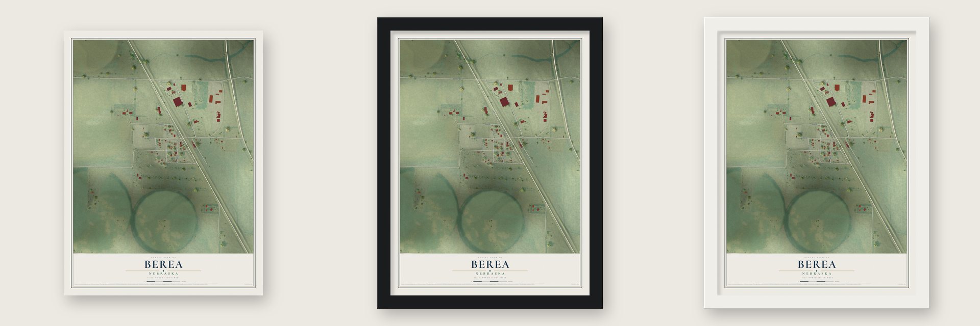 Berea, Nebraska map unframed, in a black wood frame and in a white wood frame