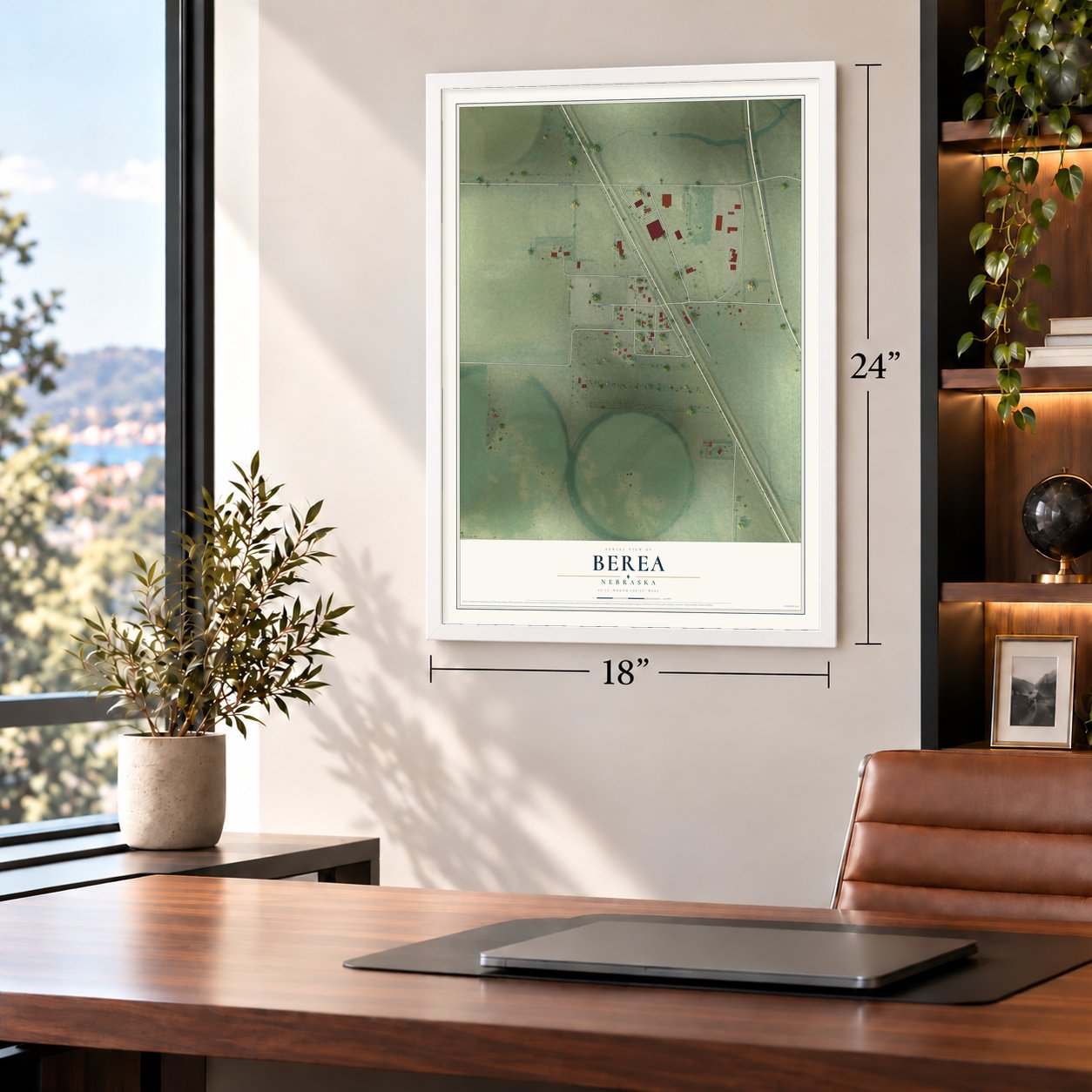 Berea, Nebraska map, 18 x 24 inch print in a white frame in a home office