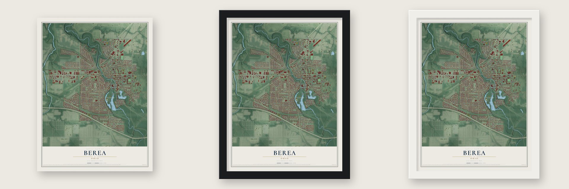 Berea, Ohio map unframed, in a black wood frame and in a white wood frame