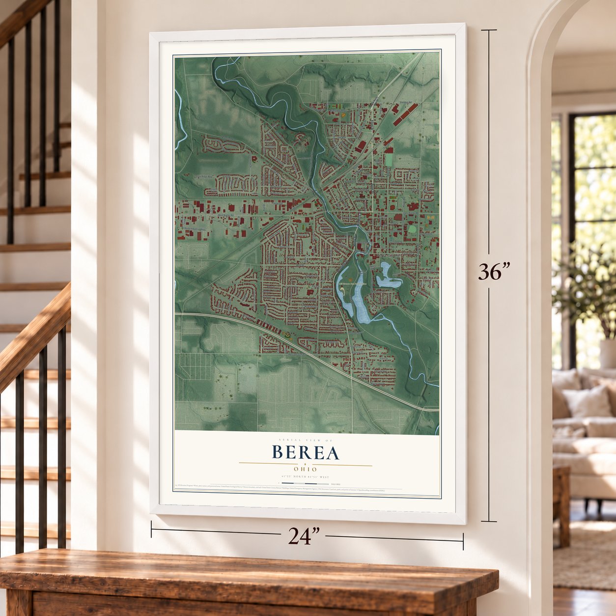 Berea, Ohio map, 24 x 36 inch print in a white frame by a staircase