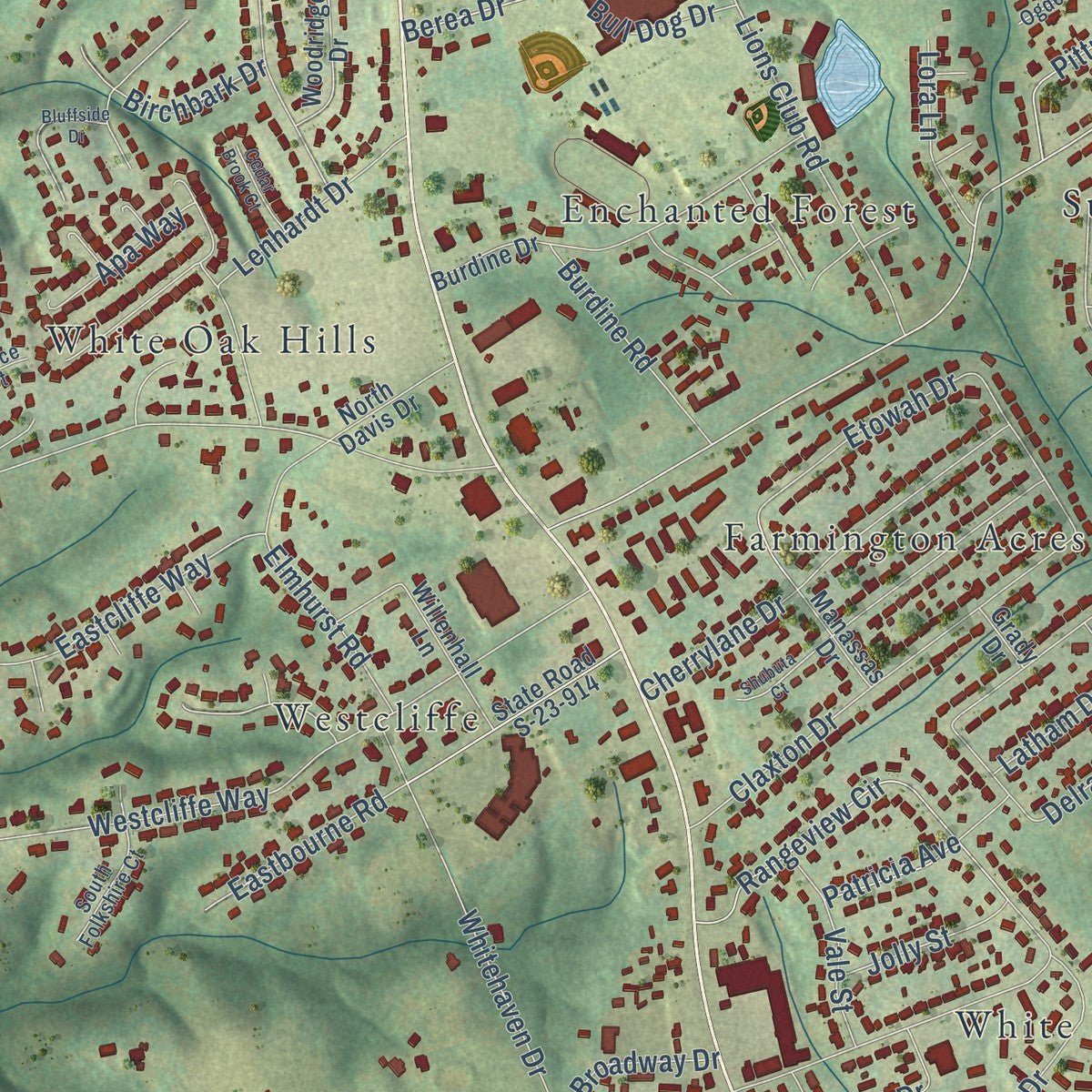 Second close-up of the map of Berea, South Carolina print showing more streets and buildings