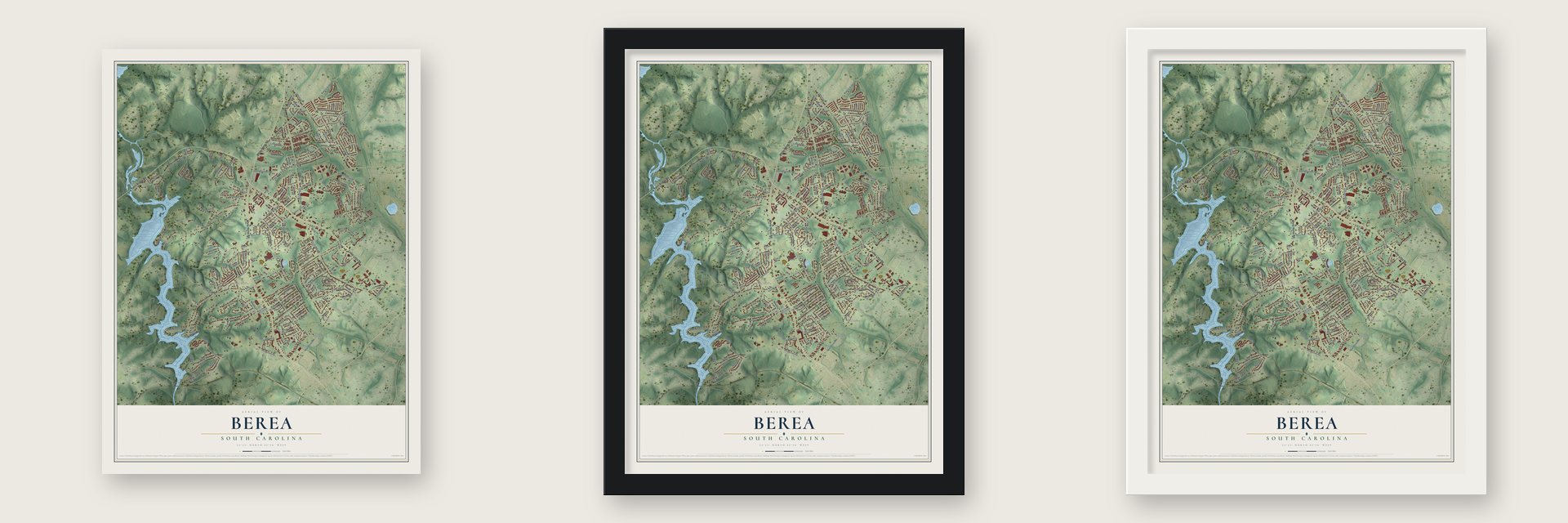 Berea, South Carolina map unframed, in a black wood frame and in a white wood frame
