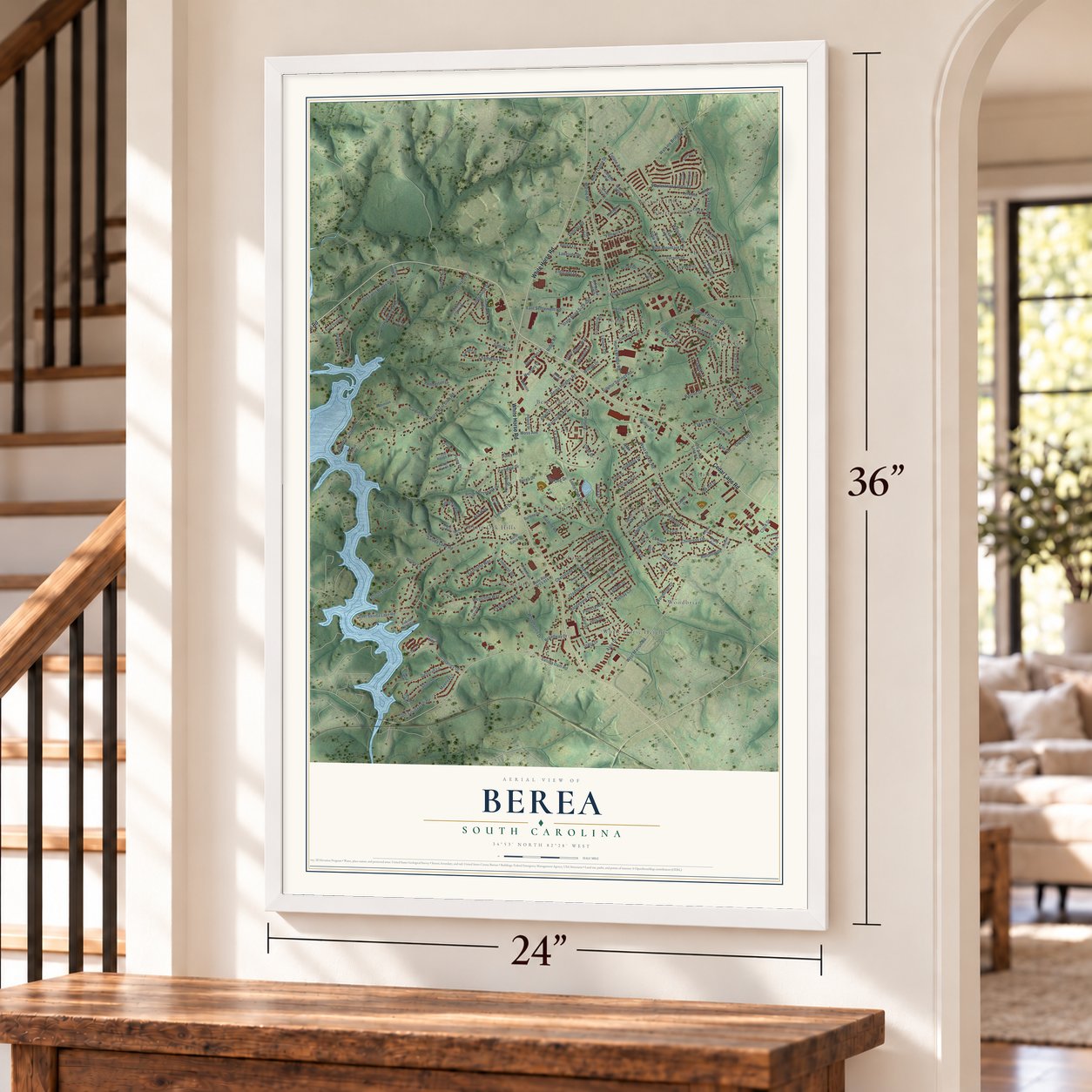 Berea, South Carolina map, 24 x 36 inch print in a white frame by a staircase