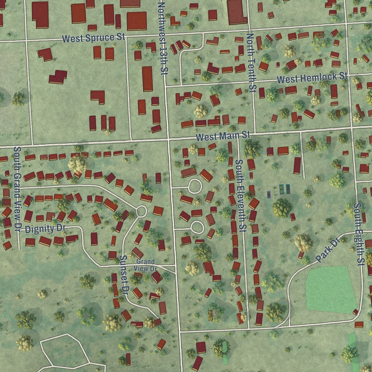 Second close-up of the map of Beresford, South Dakota print showing more streets and buildings