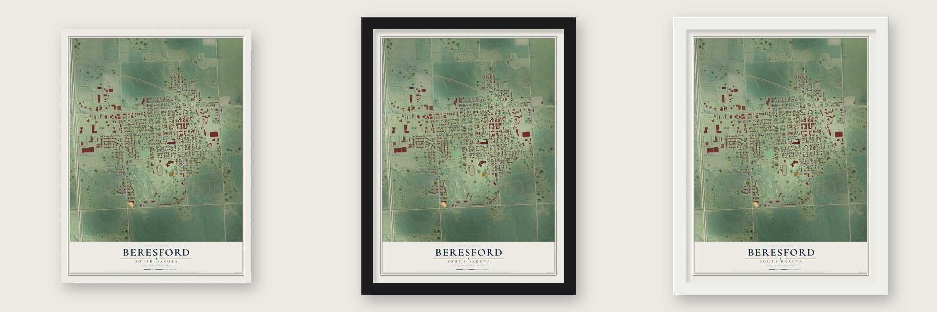 Beresford, South Dakota map unframed, in a black wood frame and in a white wood frame
