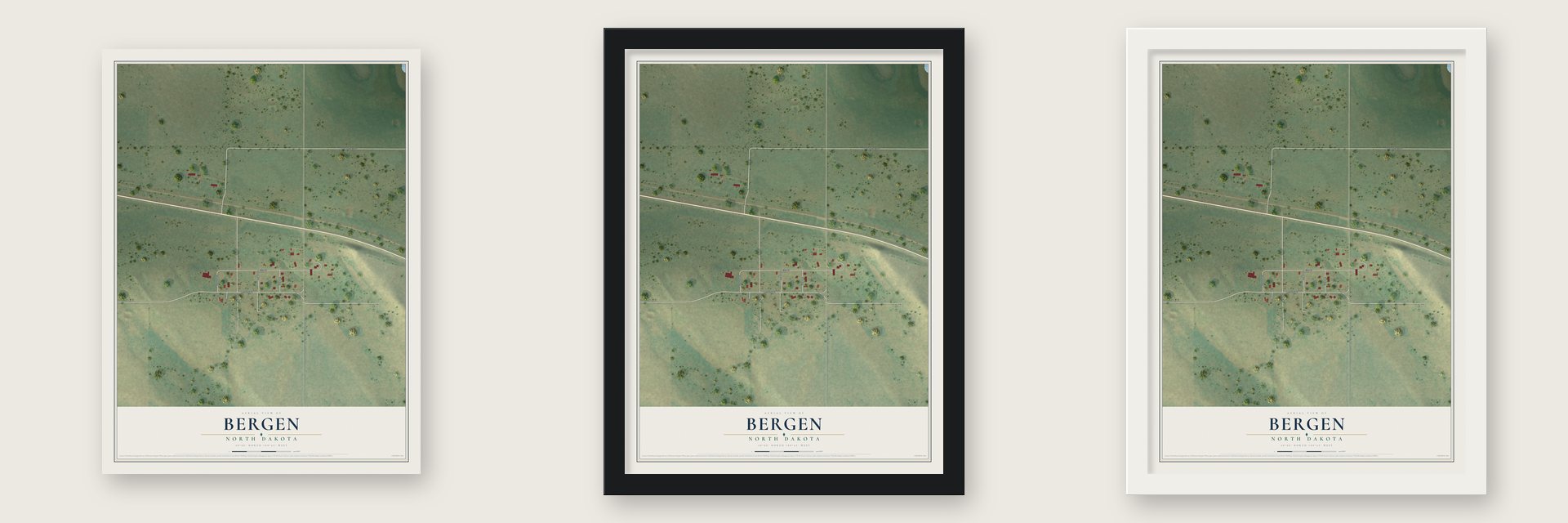Bergen, North Dakota map unframed, in a black wood frame and in a white wood frame