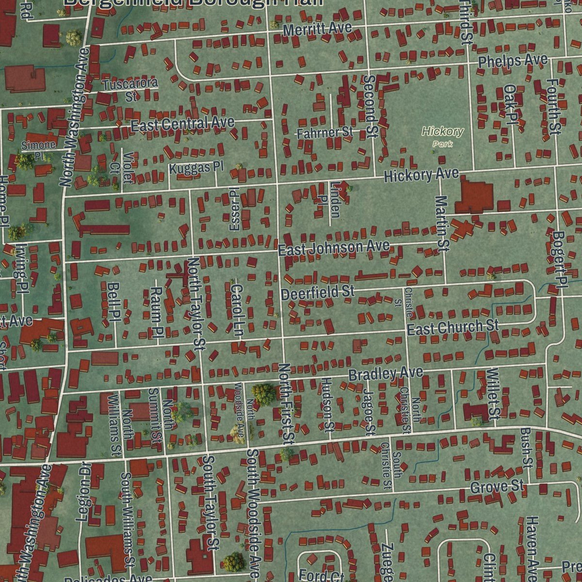 Second close-up of the map of Bergenfield, New Jersey print showing more streets and buildings