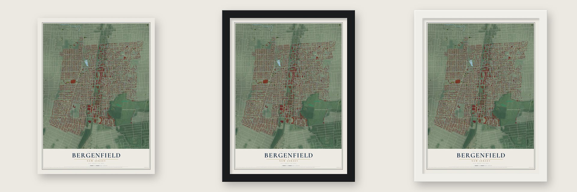 Bergenfield, New Jersey map unframed, in a black wood frame and in a white wood frame