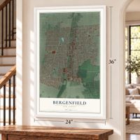 Bergenfield, New Jersey map, 24 x 36 inch print in a white frame by a staircase