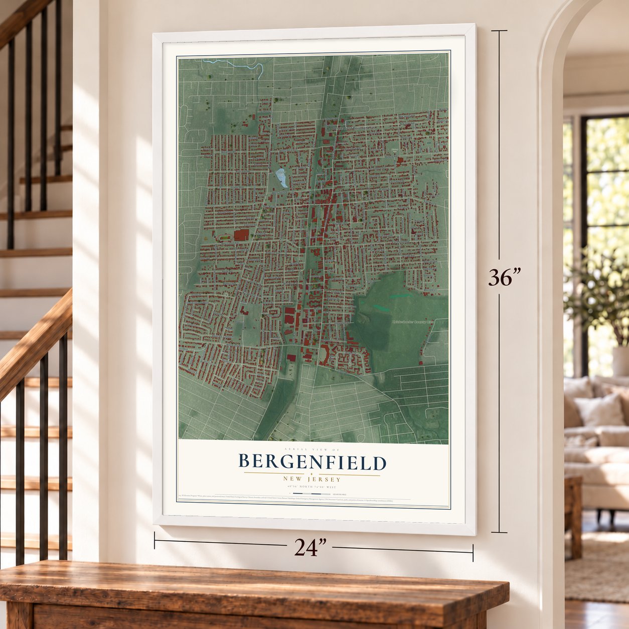 Bergenfield, New Jersey map, 24 x 36 inch print in a white frame by a staircase