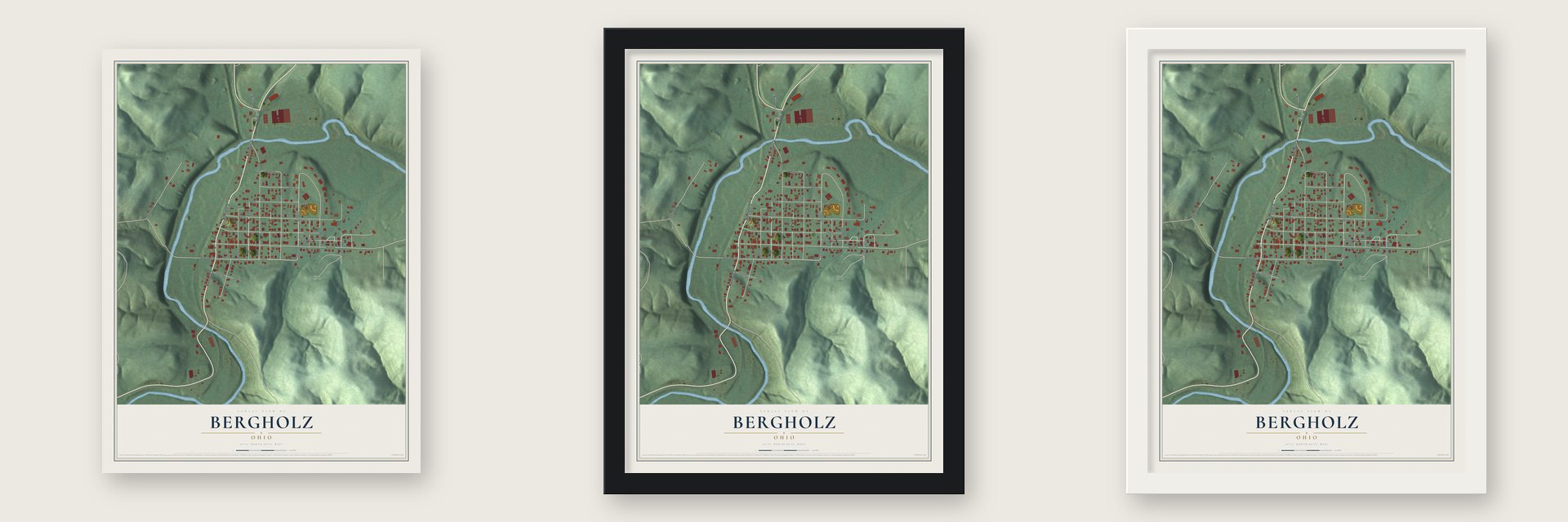 Bergholz, Ohio map unframed, in a black wood frame and in a white wood frame