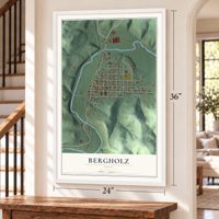 Bergholz, Ohio map, 24 x 36 inch print in a white frame by a staircase
