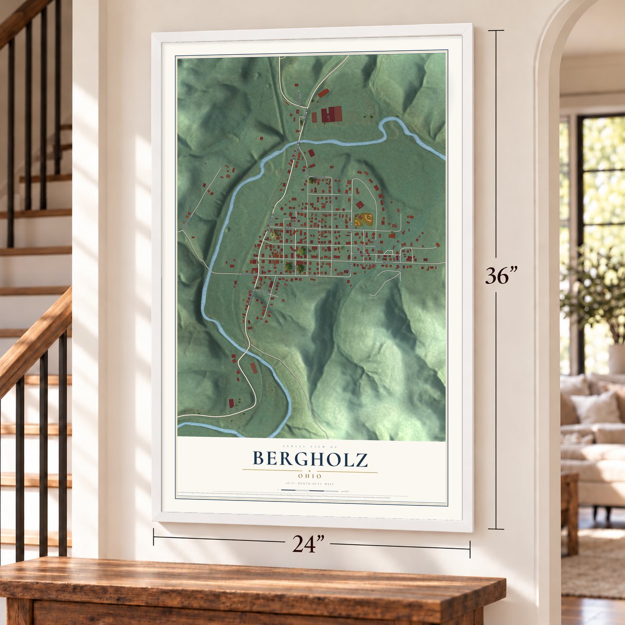 Bergholz, Ohio map, 24 x 36 inch print in a white frame by a staircase
