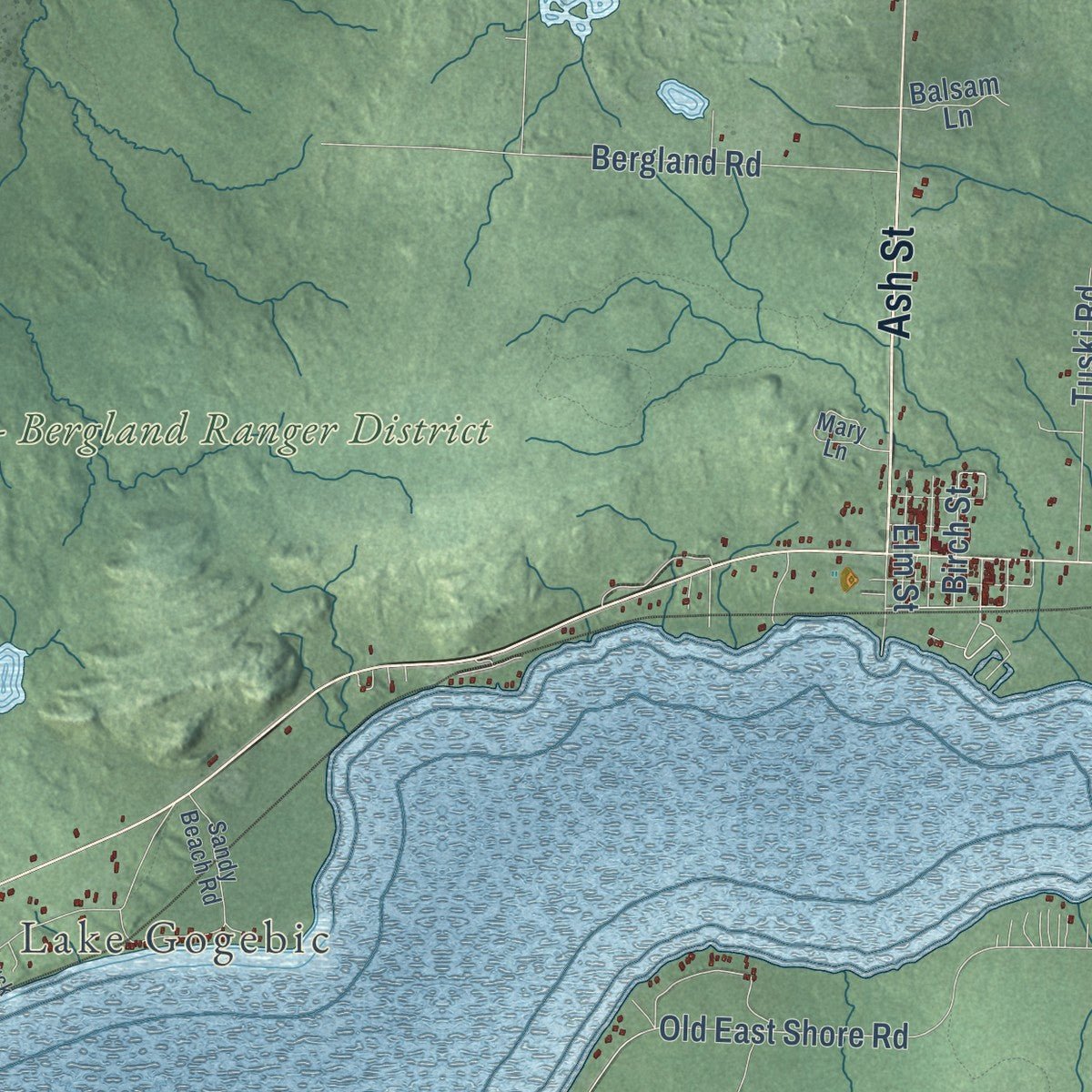 Second close-up of the map of Bergland, Michigan print showing more streets and buildings