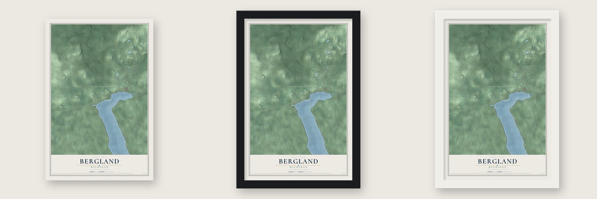 Bergland, Michigan map unframed, in a black wood frame and in a white wood frame