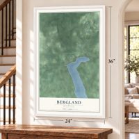 Bergland, Michigan map, 24 x 36 inch print in a white frame by a staircase