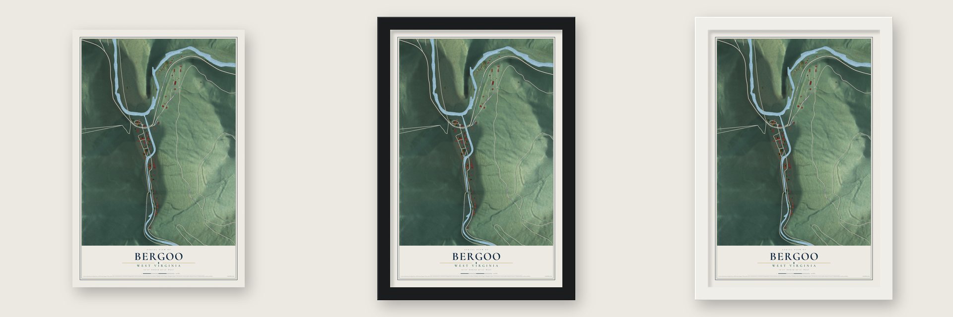 Bergoo, West Virginia map unframed, in a black wood frame and in a white wood frame