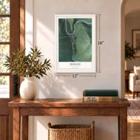 Bergoo, West Virginia map, 12 x 18 inch print in a white frame in an entryway