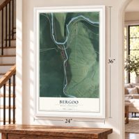 Bergoo, West Virginia map, 24 x 36 inch print in a white frame by a staircase