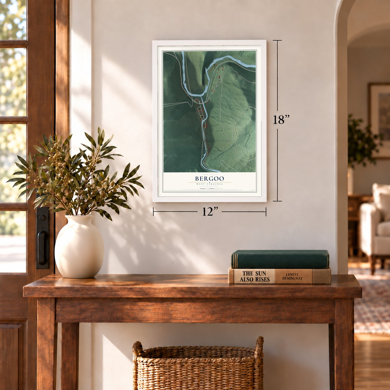 Bergoo, West Virginia map, 12 x 18 inch print in a white frame in an entryway