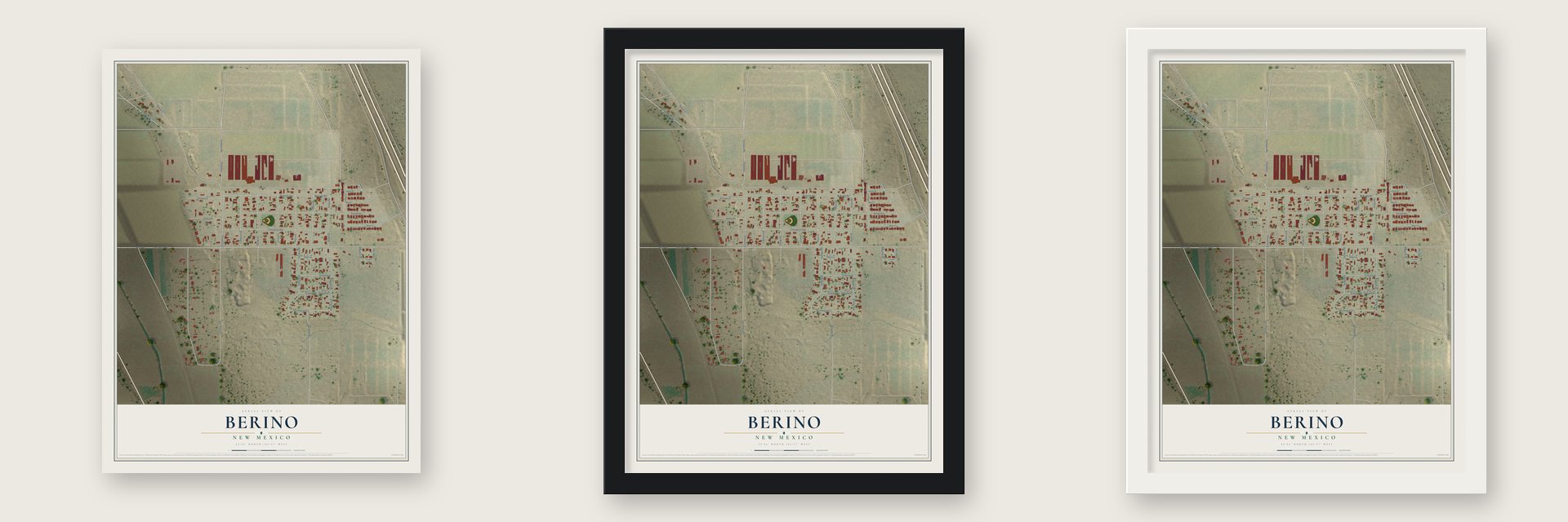 Berino, New Mexico map unframed, in a black wood frame and in a white wood frame