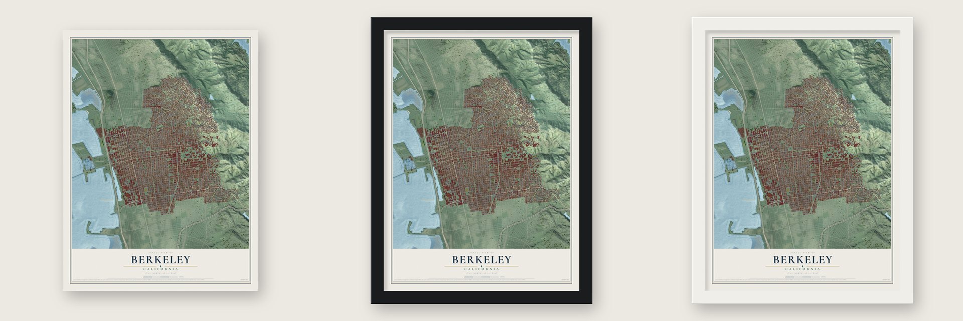 Berkeley, California map unframed, in a black wood frame and in a white wood frame