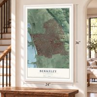 Berkeley, California map, 24 x 36 inch print in a white frame by a staircase