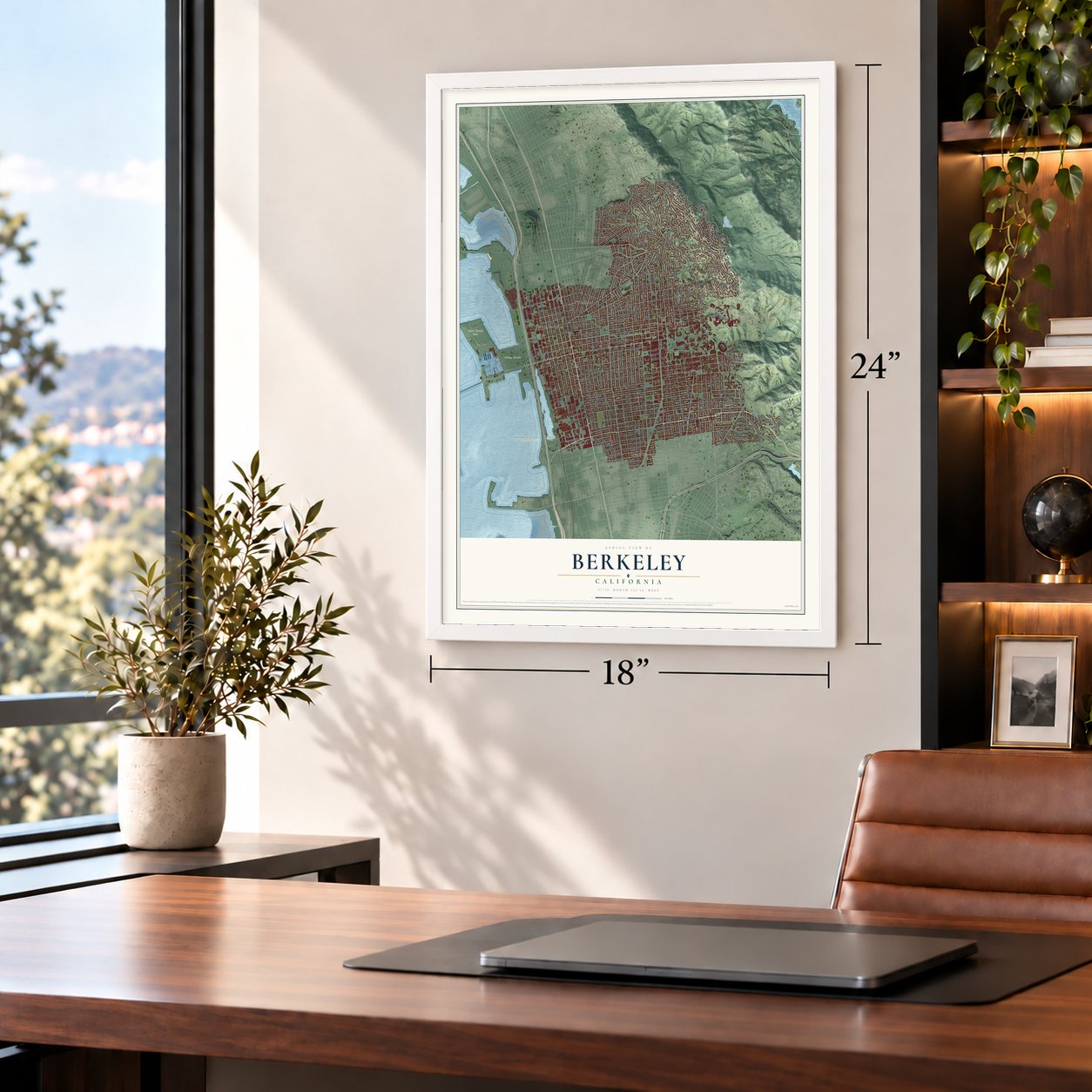 Berkeley, California map, 18 x 24 inch print in a white frame in a home office