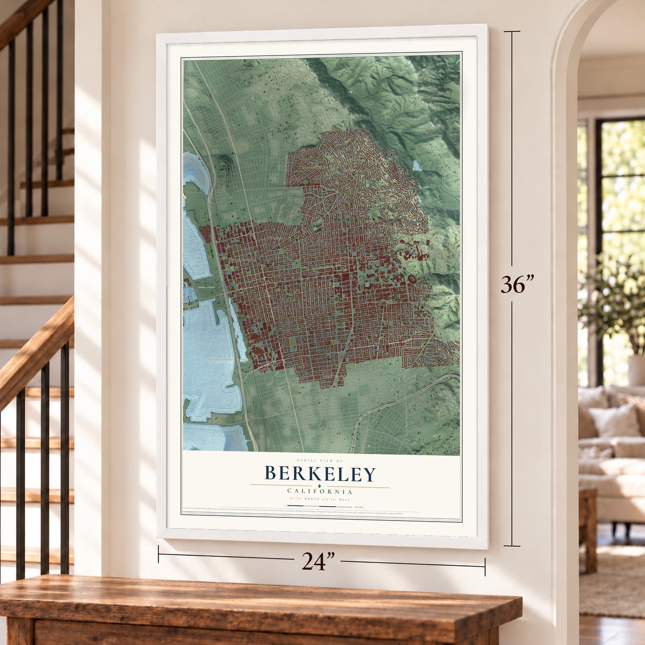Berkeley, California map, 24 x 36 inch print in a white frame by a staircase