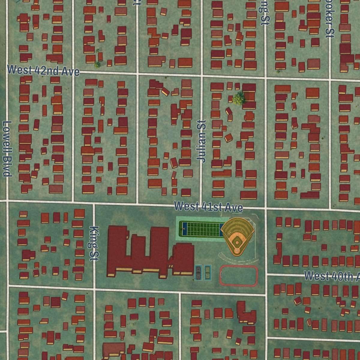 Second close-up of the map of Berkeley, Colorado print showing more streets and buildings