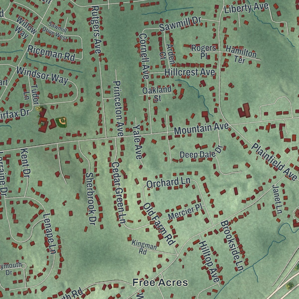 Second close-up of the map of Berkeley Heights, New Jersey print showing more streets and buildings