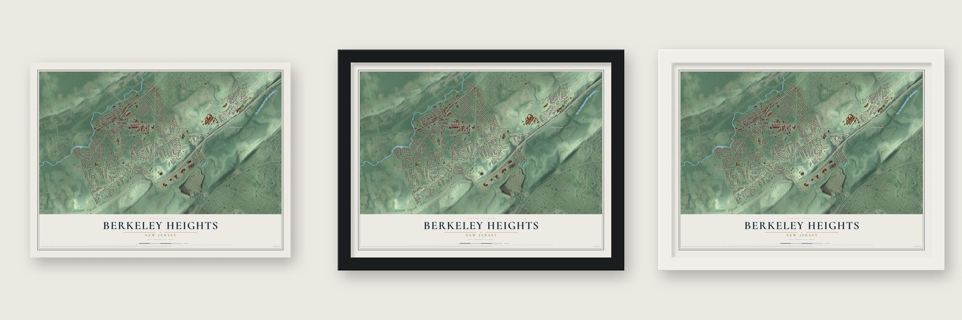 Berkeley Heights, New Jersey map unframed, in a black wood frame and in a white wood frame