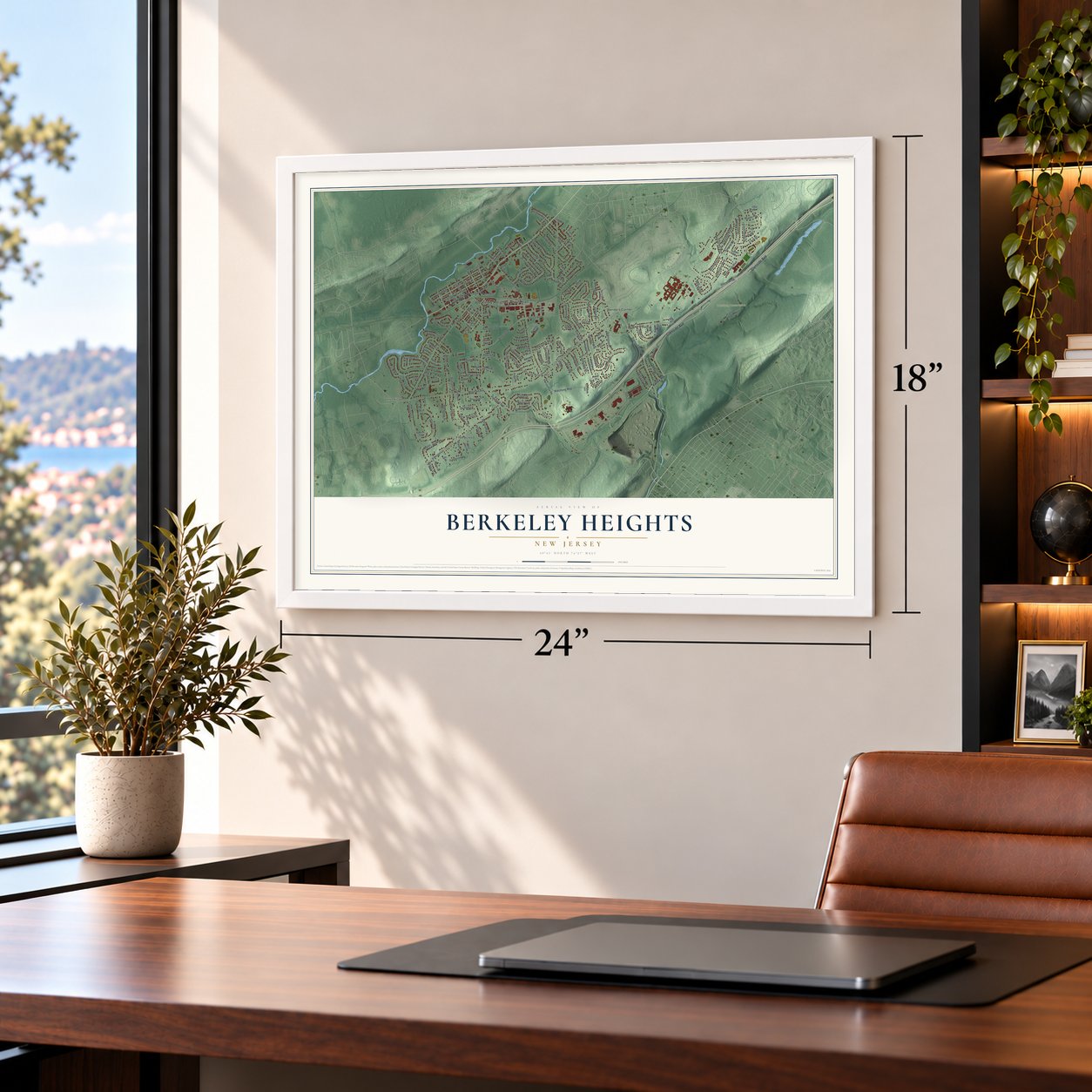 Berkeley Heights, New Jersey map, 18 x 24 inch print in a white frame in a home office