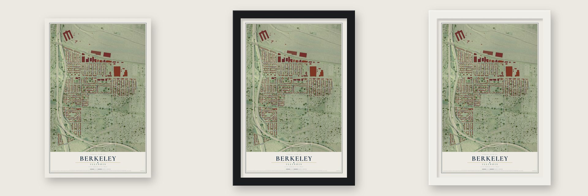 Berkeley, Illinois map unframed, in a black wood frame and in a white wood frame