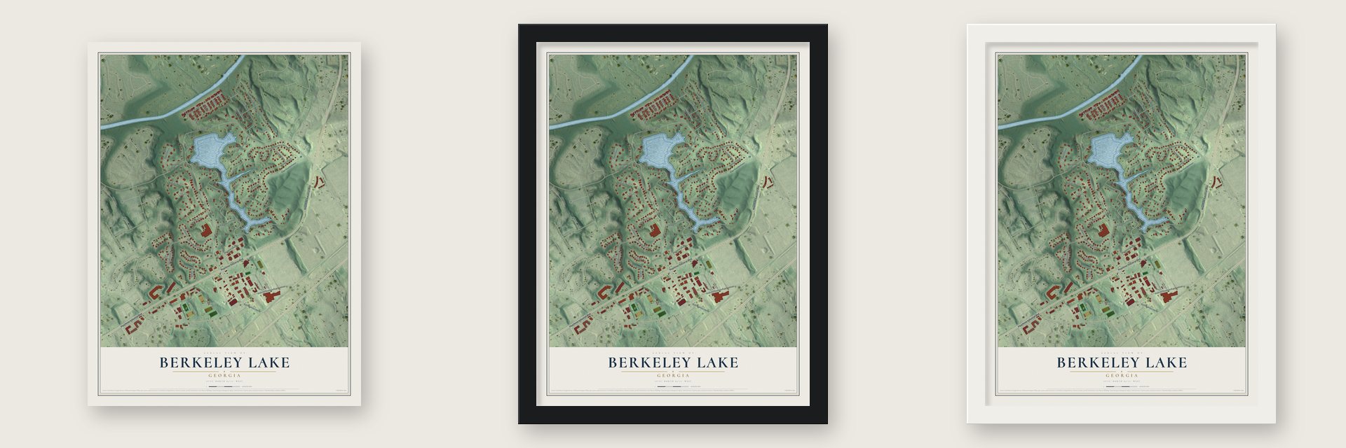 Berkeley Lake, Georgia map unframed, in a black wood frame and in a white wood frame